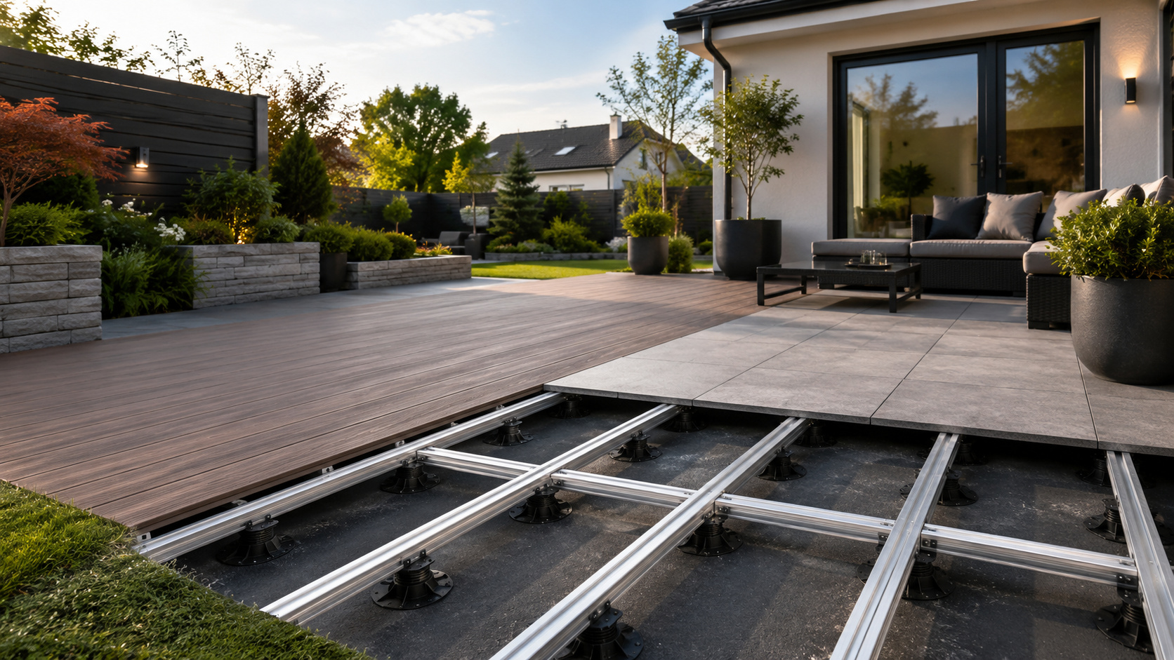 Terrasse mit teilweise geöffnetem Aluminium-Unterbau und moderner Gartenmöblierung vor einem Haus