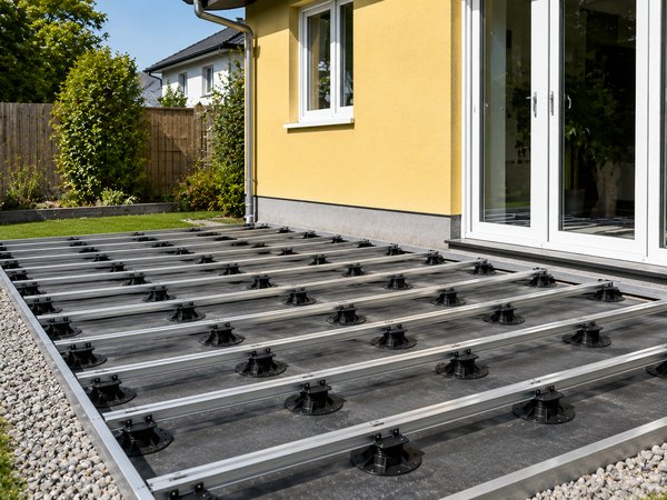 Aluminium-Unterkonstruktion für eine Terrasse vor einem gelben Haus mit großen Fenstern, umgeben von Rasen und Kieselsteinen