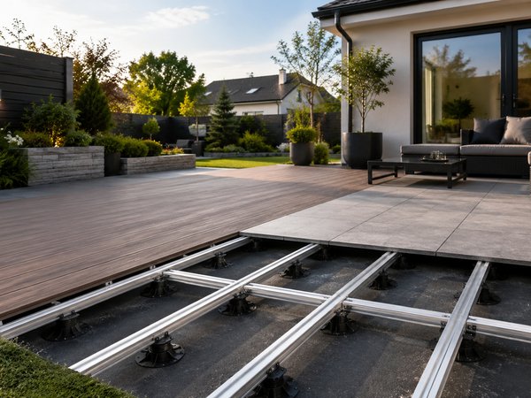 Terrasse mit teilweise geöffnetem Aluminium-Unterbau und moderner Gartenmöblierung vor einem Haus