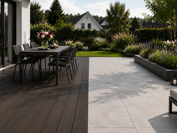 Terrasse mit dunklem Holzbelag und angrenzenden hellen Feinsteinplatten, ausgestattet mit Esstisch, Stühlen und Pflanzen im Garten