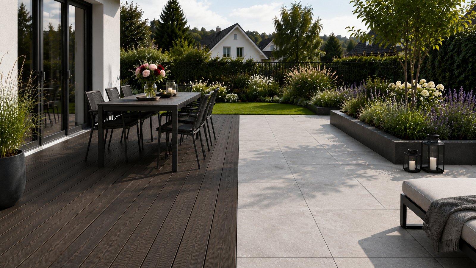 Terrasse mit dunklem Holzbelag und angrenzenden hellen Feinsteinplatten, ausgestattet mit Esstisch, Stühlen und Pflanzen im Garten