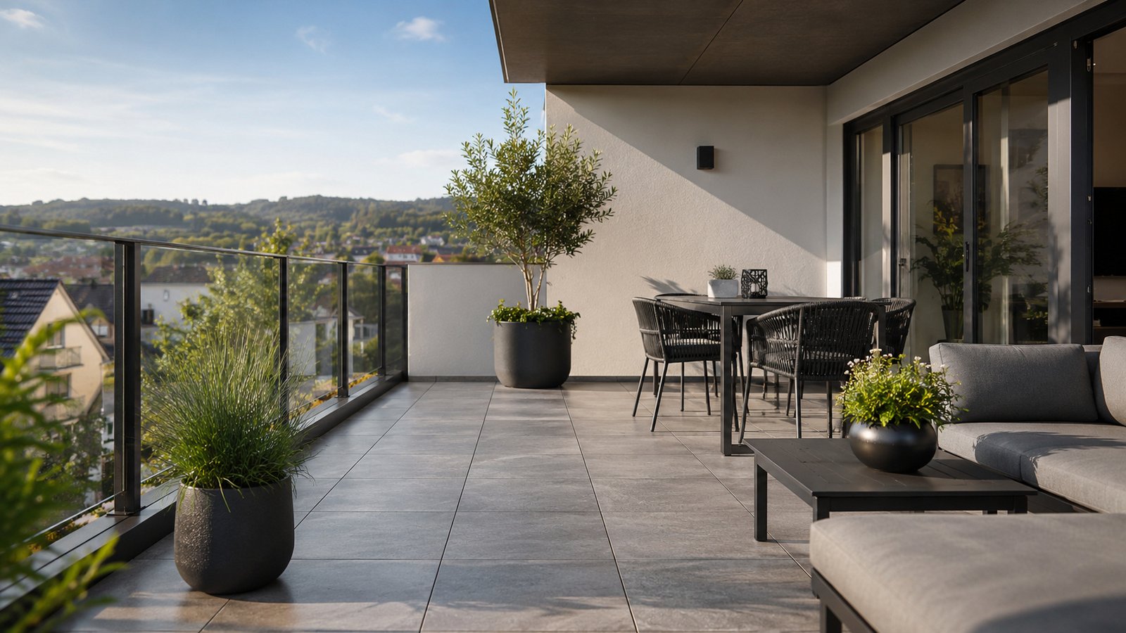 Moderner Balkon mit grauen Fliesen, Glasgeländer, Pflanzen in Töpfen und Sitzgruppe mit Tisch und Stühlen