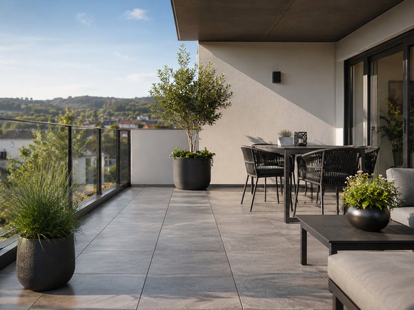 Moderner Balkon mit grauen Fliesen, Glasgeländer, Pflanzen in Töpfen und Sitzgruppe mit Tisch und Stühlen