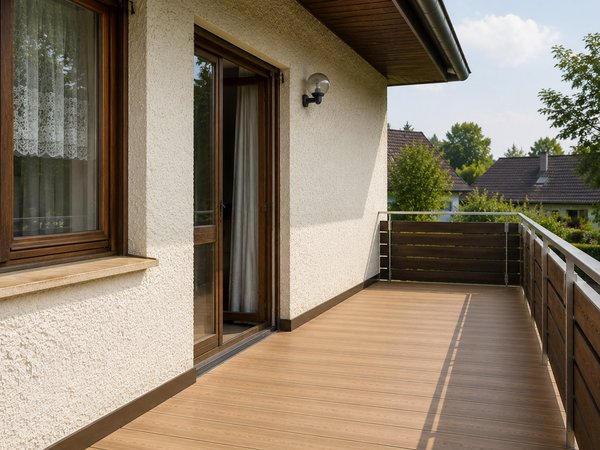 Balkon mit Holzgeländer und Holzboden vor einem Haus mit offenem Türflügel und Fenster mit Gardine