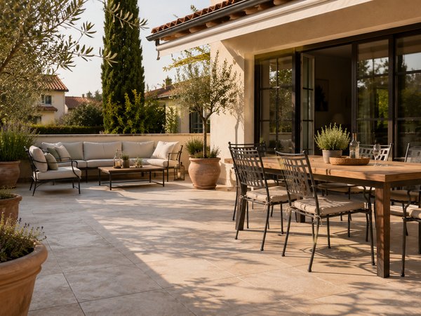 Terrasse mit großem Esstisch und Stühlen sowie einer Sitzgruppe mit Sofa und Couchtisch, umgeben von großen Pflanzgefäßen und Bäumen